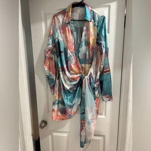 Abstract Silk Mini Wrap Dress